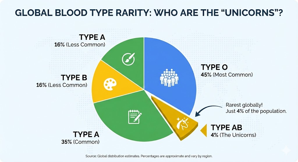Pie chart showing global blood type rarity, highlighting Type AB as the rarest personality type at 4%