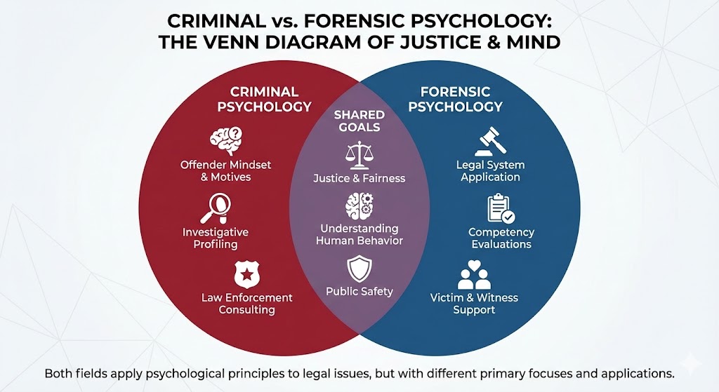 Venn diagram illustrating the differences and similarities between criminal and forensic psychology roles.